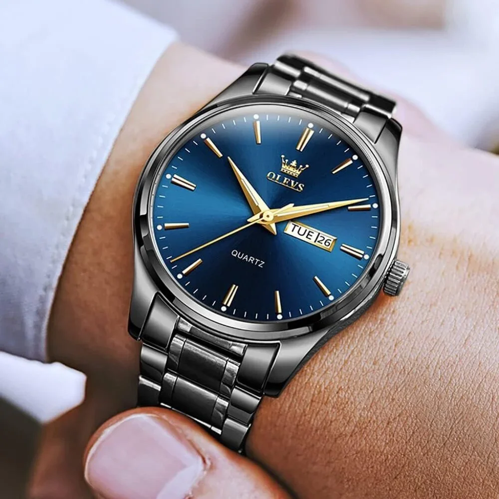 Olevs Men's Black Steel Blue-Dial Waterproof Stainless Luminous Stylish Watch
